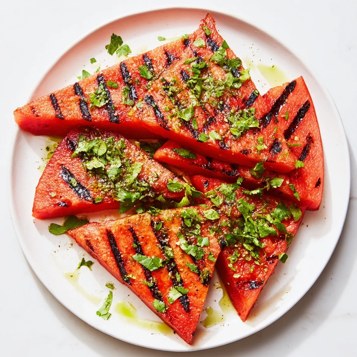 Charred watermelon slices garnished with chopped cilantro and lime zest, a refreshing summer side dish