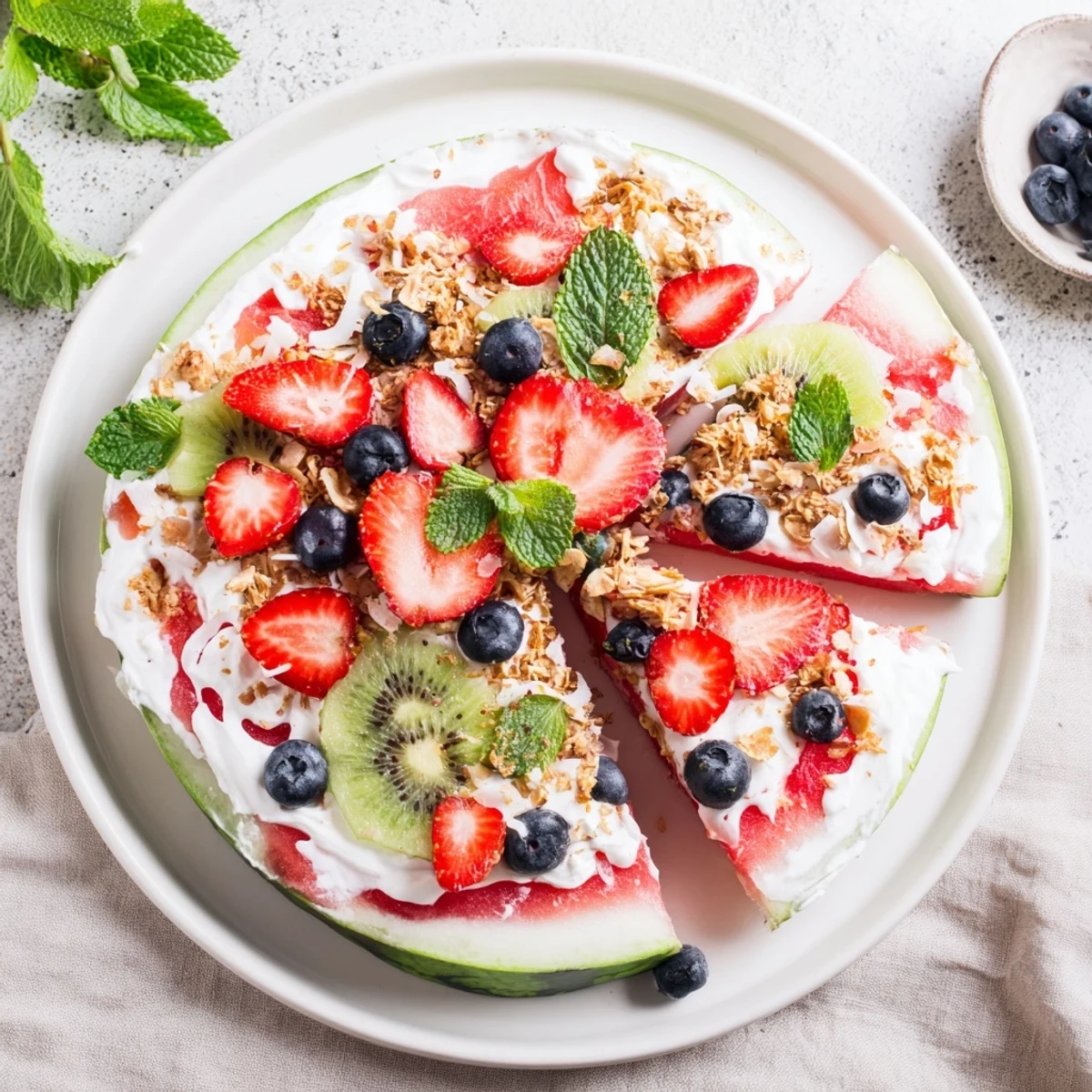 Refreshing watermelon pizza slice featuring creamy yogurt spread with strawberries, blueberries, and coconut garnish