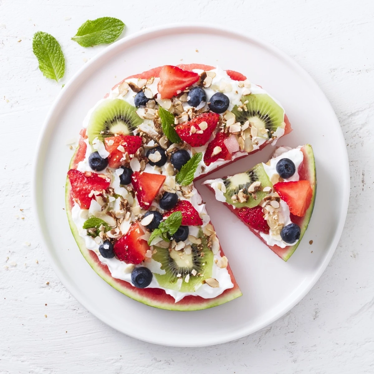 Colorful watermelon pizza topped with Greek yogurt, fresh berries, kiwi, and mint leaves on a cutting board