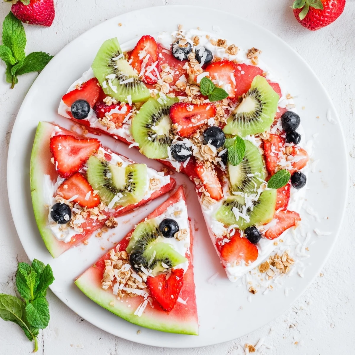 Vibrant summer dessert pizza made with sweet watermelon base, vanilla yogurt, and assorted fresh fruit toppings
