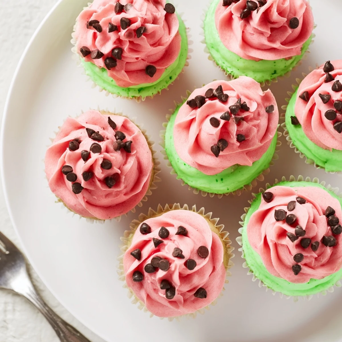 Moist watermelon cupcakes with pink watermelon buttercream frosting and chocolate chip seeds on white plate