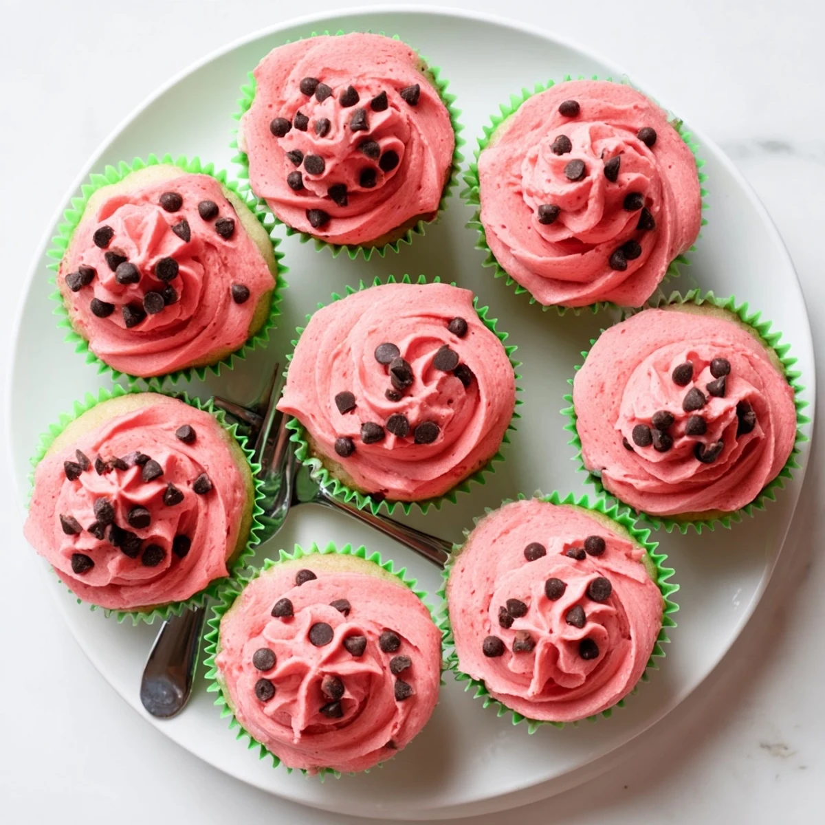 Pink frosted watermelon cupcakes decorated with mini chocolate seeds for summer dessert party spread