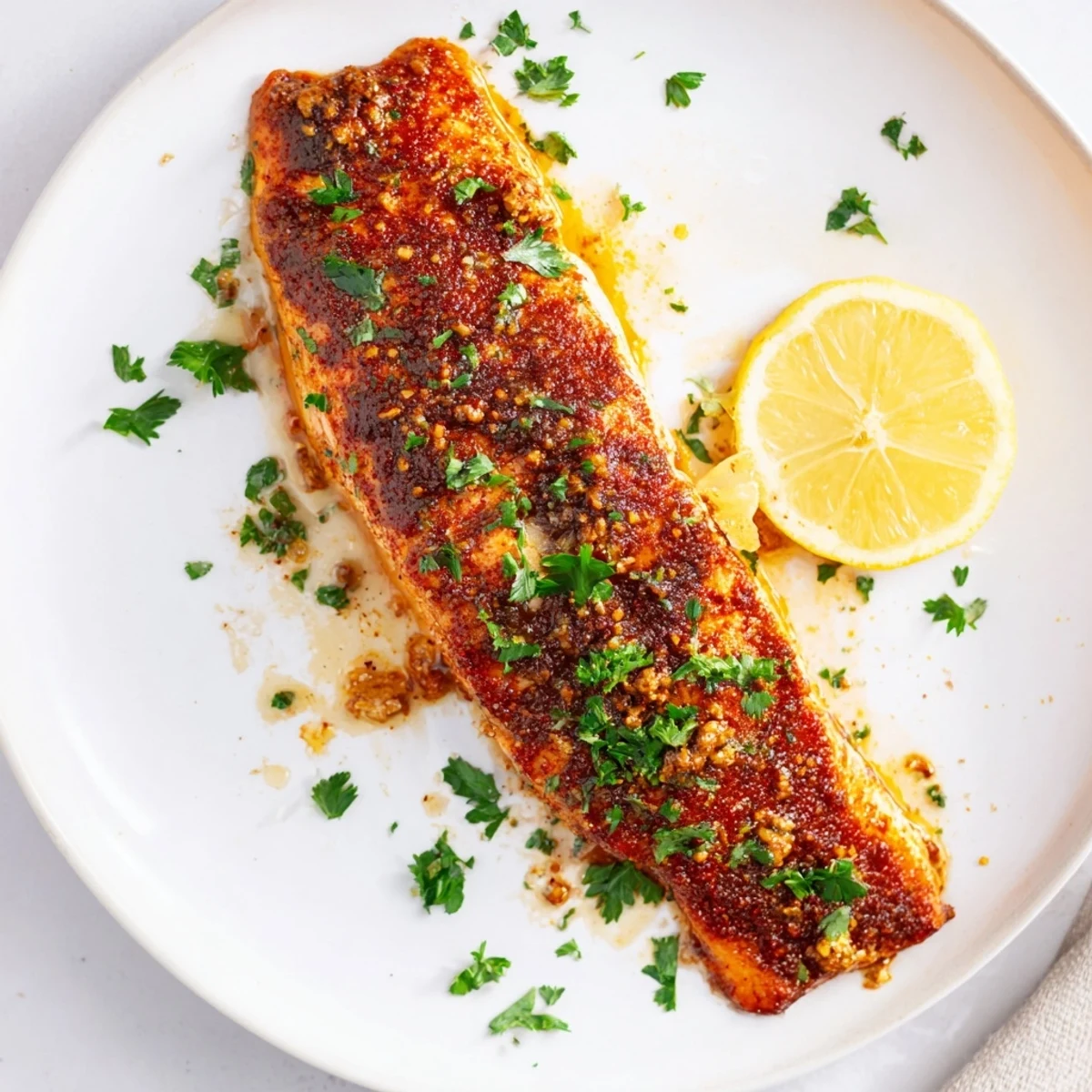 Golden brown Cajun honey salmon fillets with caramelized honey glaze and fresh parsley garnish on a white baking sheet