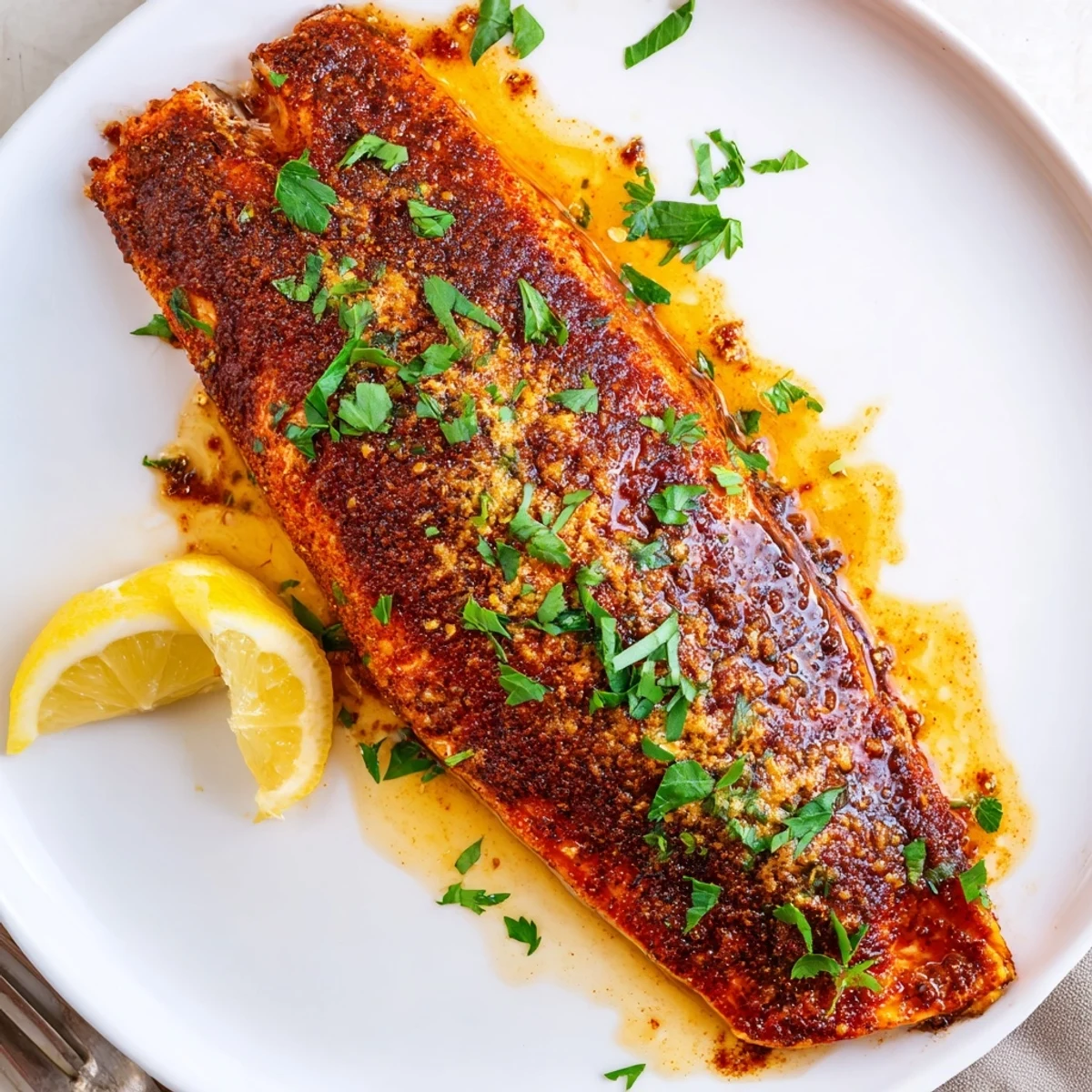 Spice-rubbed baked salmon drizzled with sweet honey butter glaze served with lemon wedges on a dinner plate