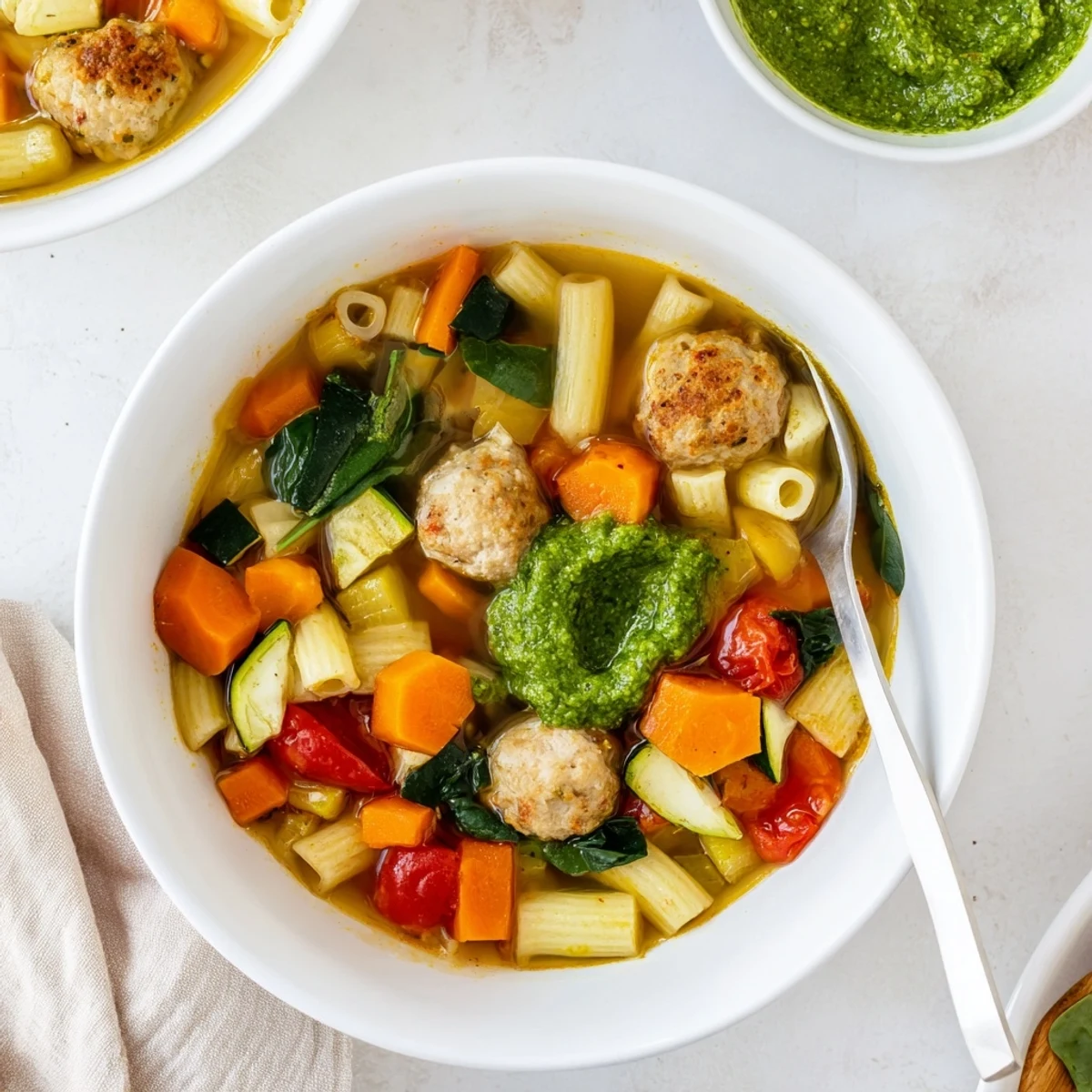 Hearty bowl of ultimate summer pesto mini meatball soup topped with bright green homemade basil pesto garnish