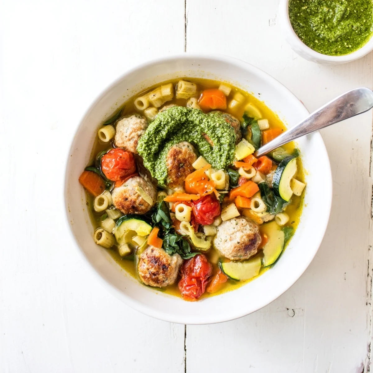 Golden brown mini meatballs float in vibrant summer pesto soup with fresh basil swirl and colorful vegetables