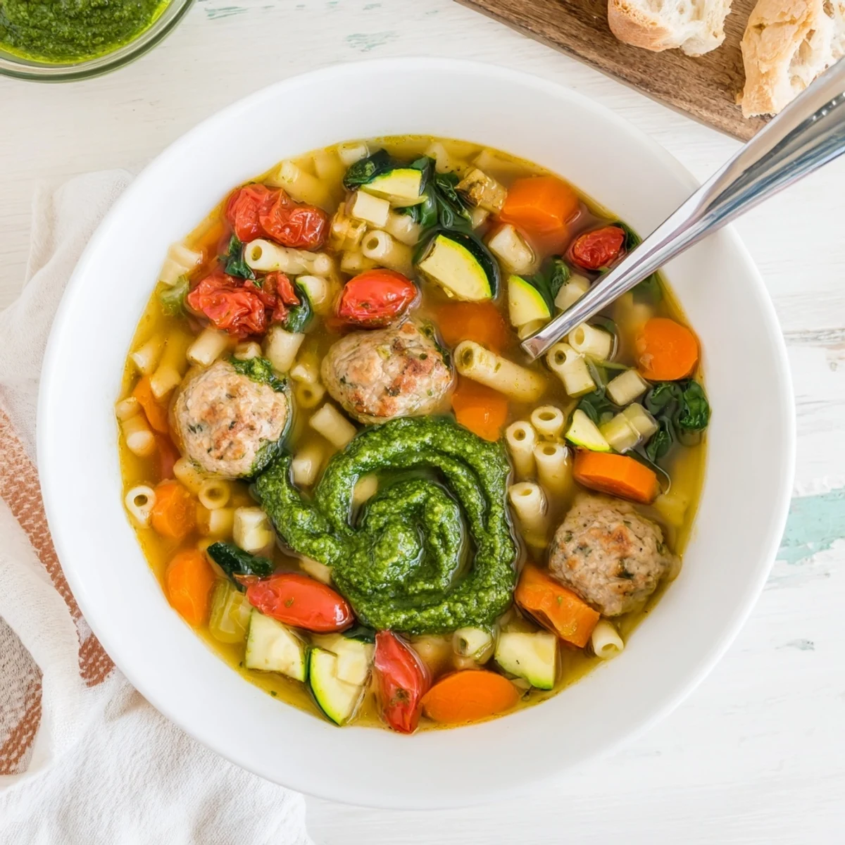Savory chicken meatballs nestled in vegetable broth pasta soup with dollop of fresh basil pesto on top