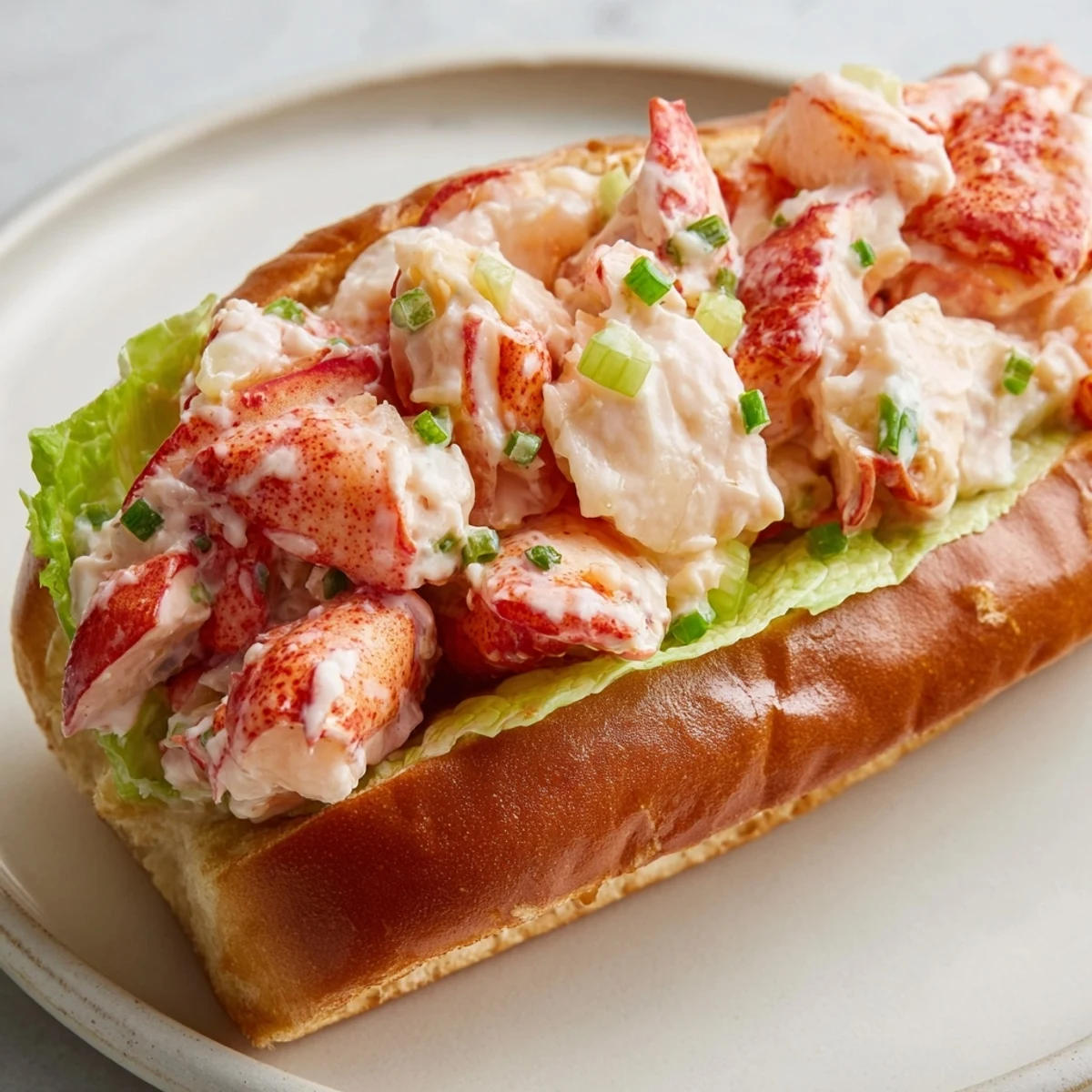 Classic Maine style lobster rolls served with lemon wedges on a wooden board