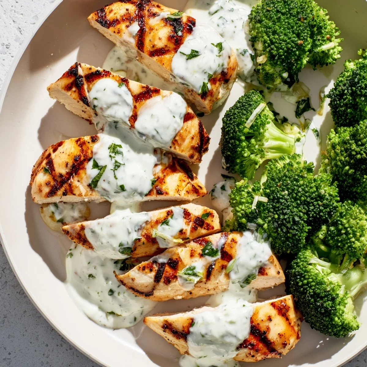Golden grilled chicken slices and vibrant steamed broccoli drizzled with rich creamy garlic sauce