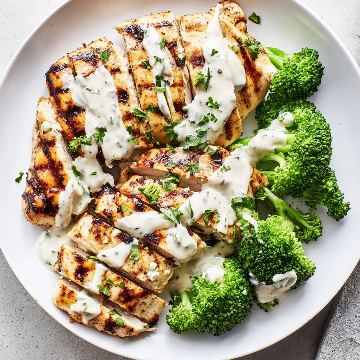 Healthy grilled chicken broccoli bowls with silky garlic sauce served over fluffy brown rice