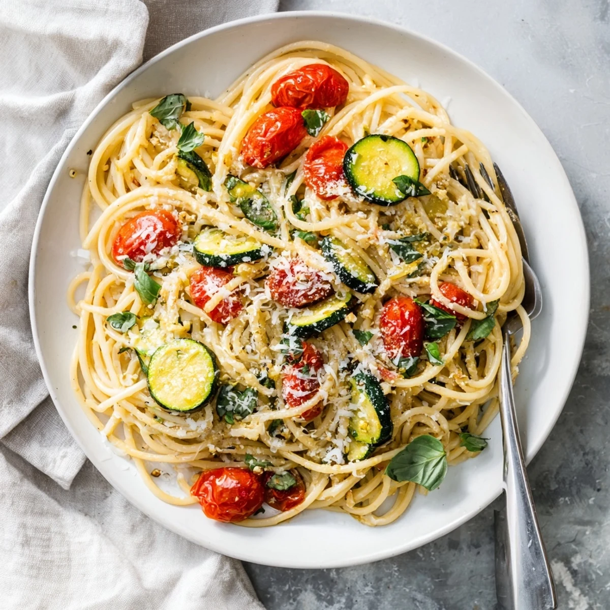 Golden tomato zucchini pasta tossed in olive oil with fresh basil and Parmesan cheese