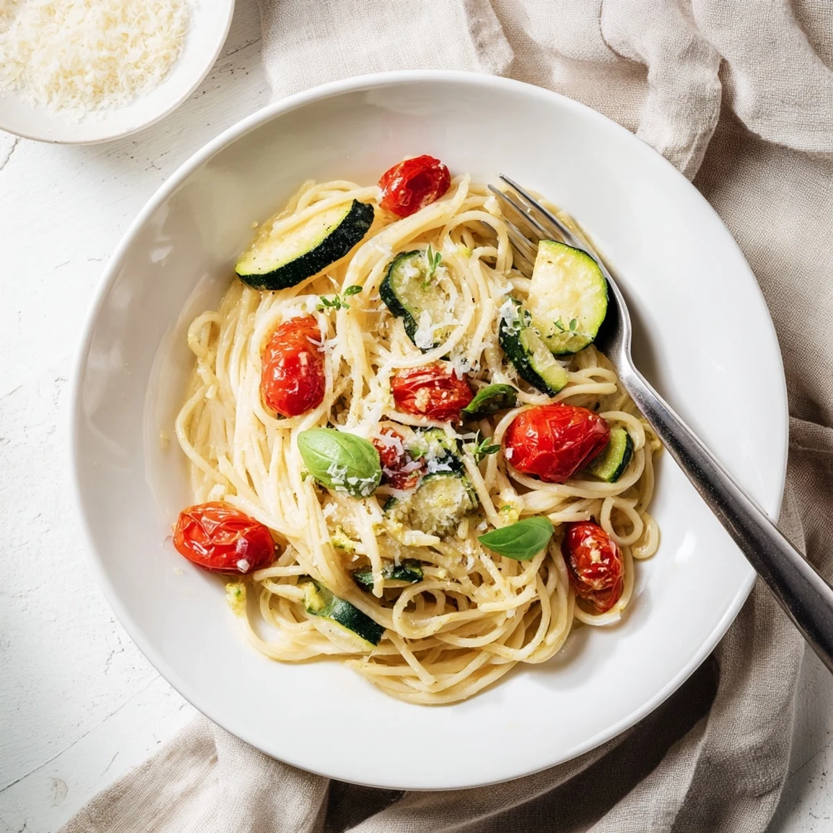 Al dente spaghetti with sautéed zucchini and cherry tomatoes in a light Italian sauce