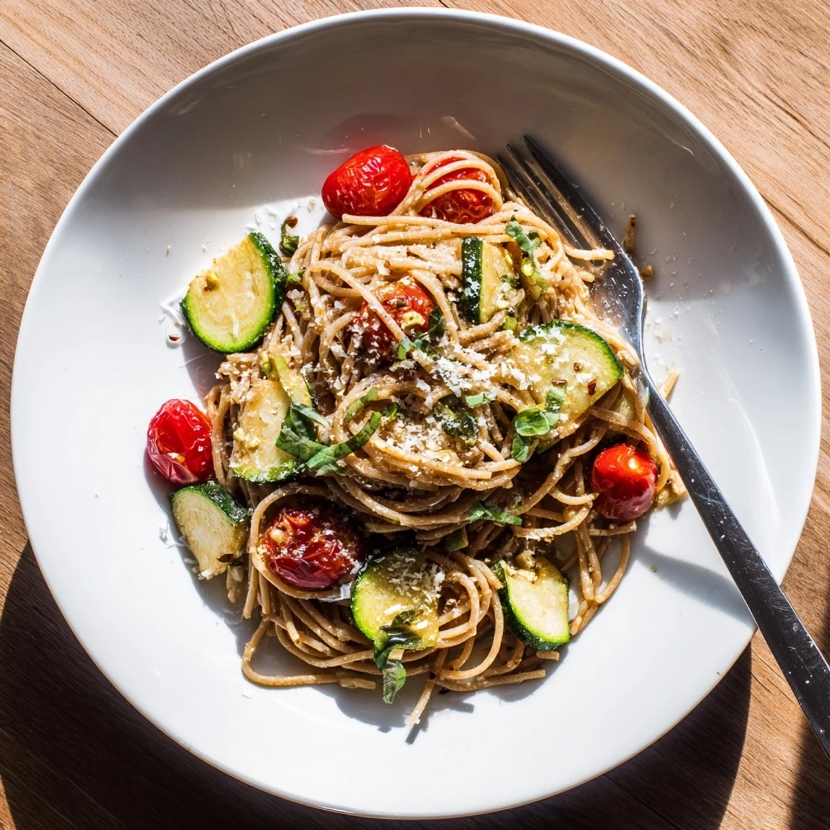 Vegetarian tomato zucchini pasta bowl topped with grated Parmesan and fragrant green basil