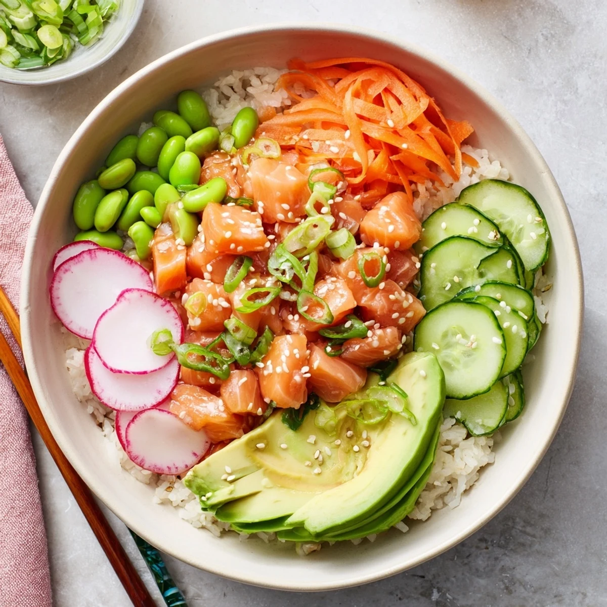 Vibrant Hawaiian poke bowl featuring tender salmon cubes with creamy avocado slices