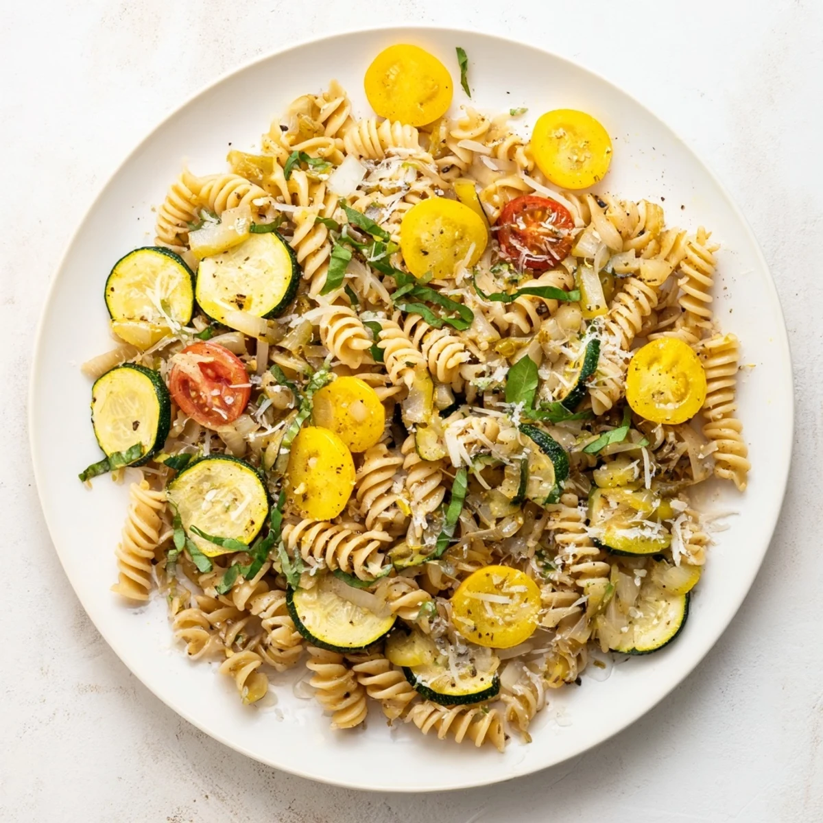 Golden summer squash pasta skillet with cherry tomatoes and fresh herbs in a light sauce