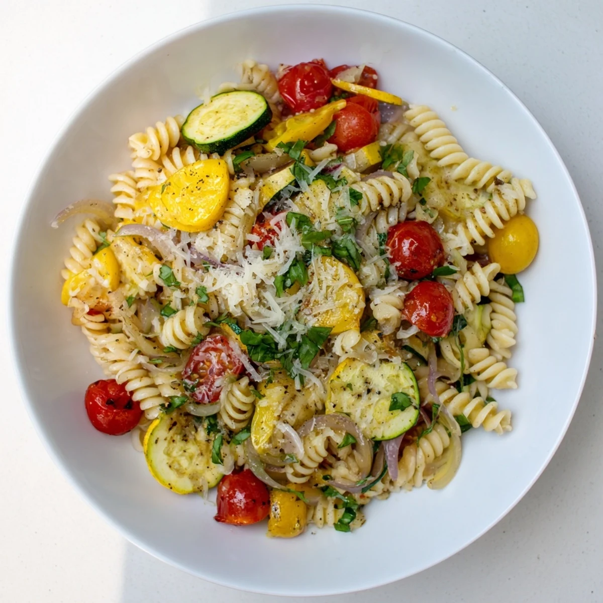 Vibrant skillet of summer squash pasta with basil, parsley, and juicy burst tomatoes