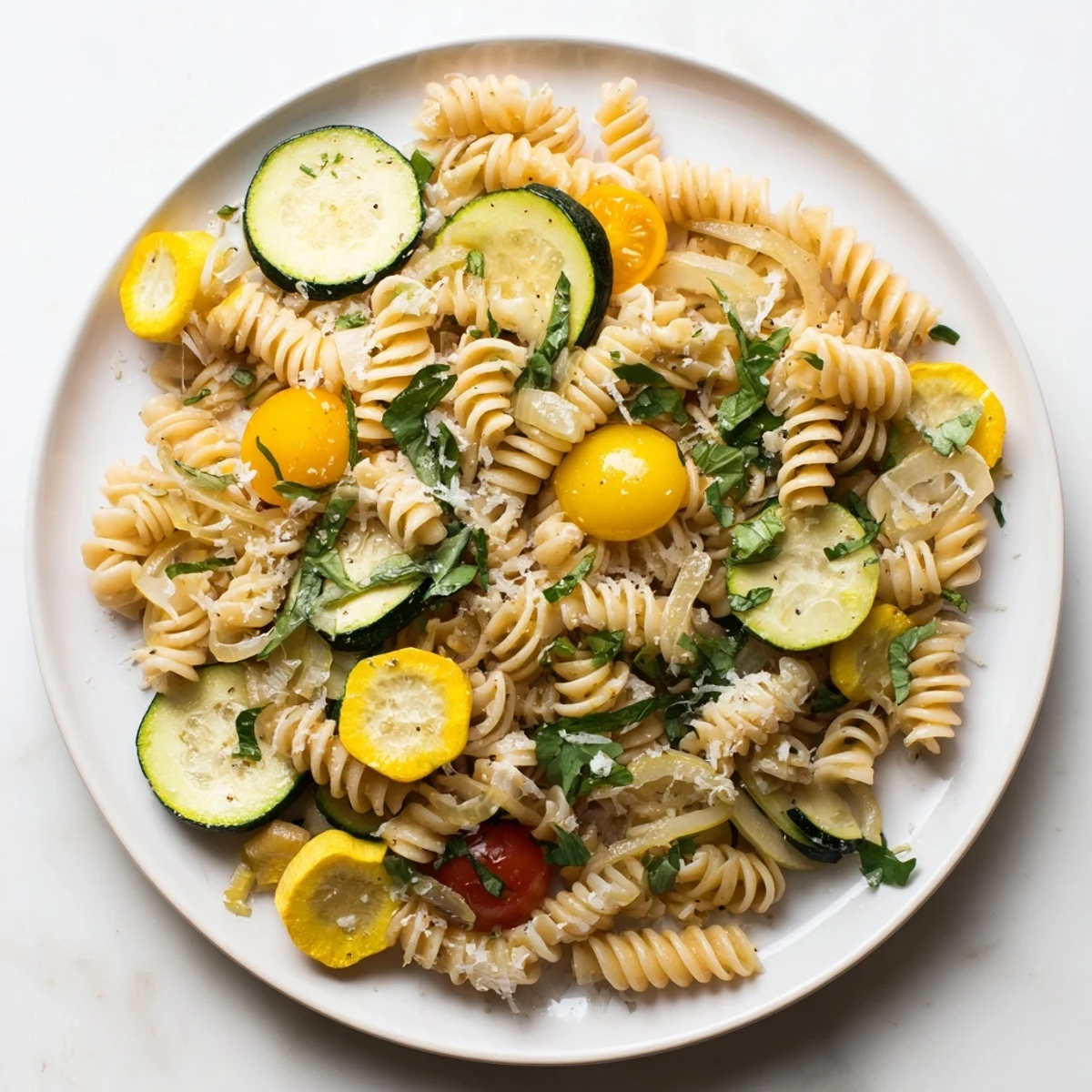 One-pan summer squash pasta skillet featuring tender zucchini, tomatoes, and parmesan garnish