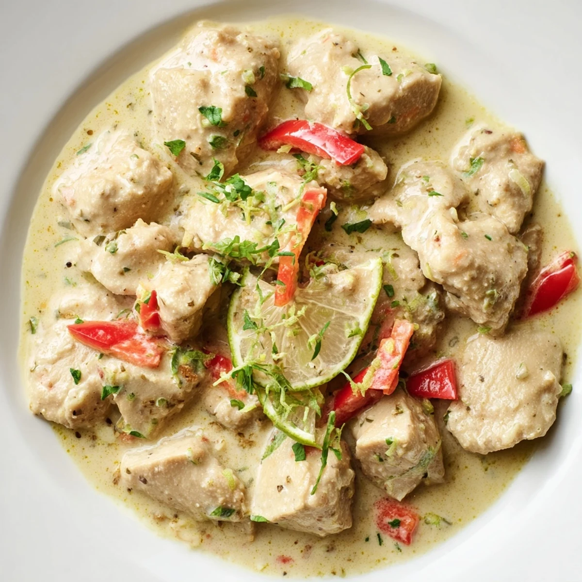 Creamy Brazilian coconut chicken in a white bowl garnished with fresh green cilantro