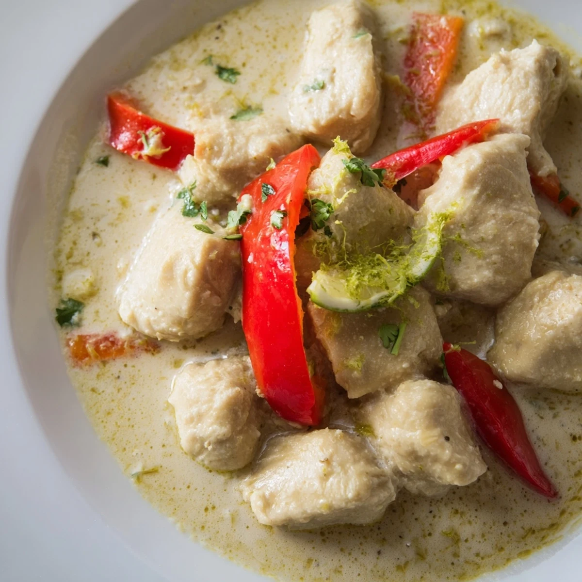 Tender Brazilian coconut chicken served over fluffy white rice with lime wedge garnish