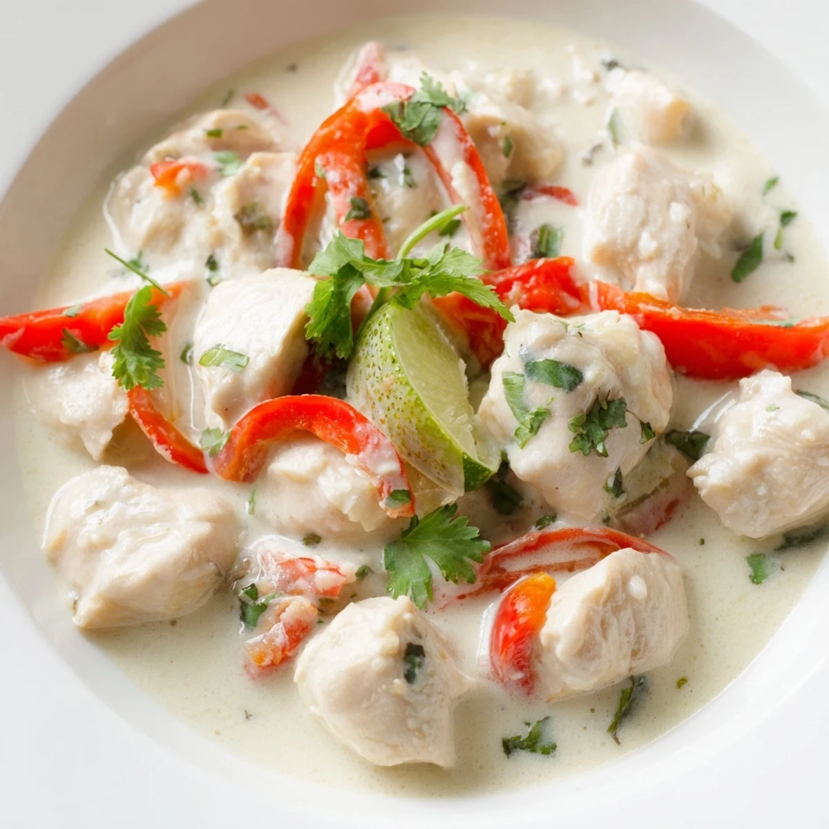 Golden chicken pieces simmered in rich coconut milk sauce with vibrant red bell pepper