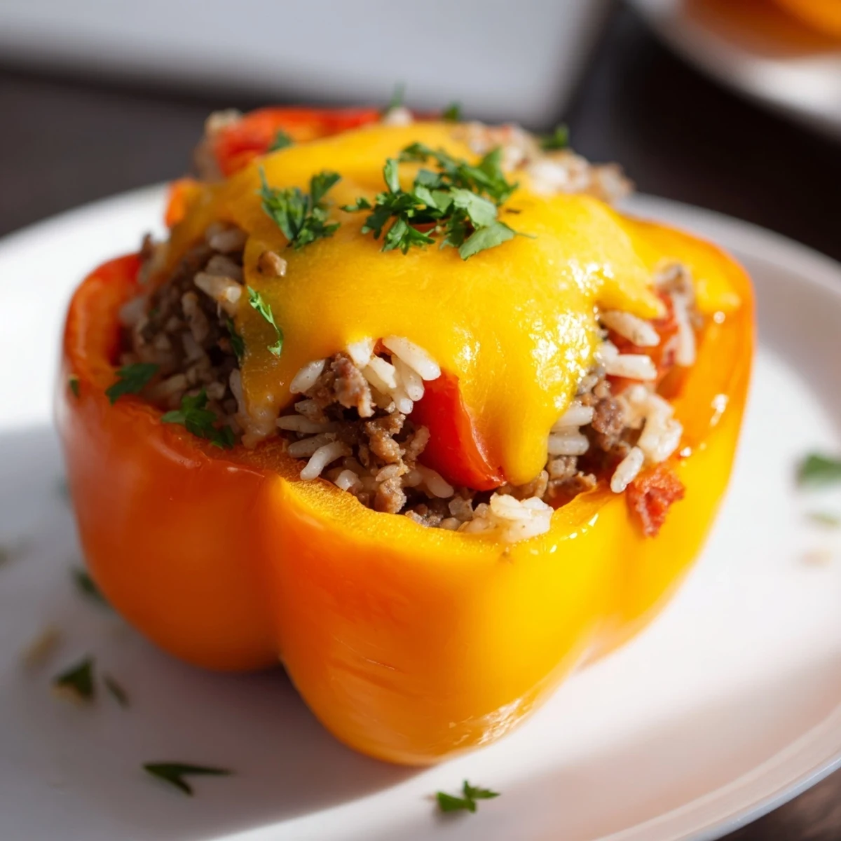 Hearty kielbasa stuffed bell peppers baked to tender perfection with melted cheddar cheese topping