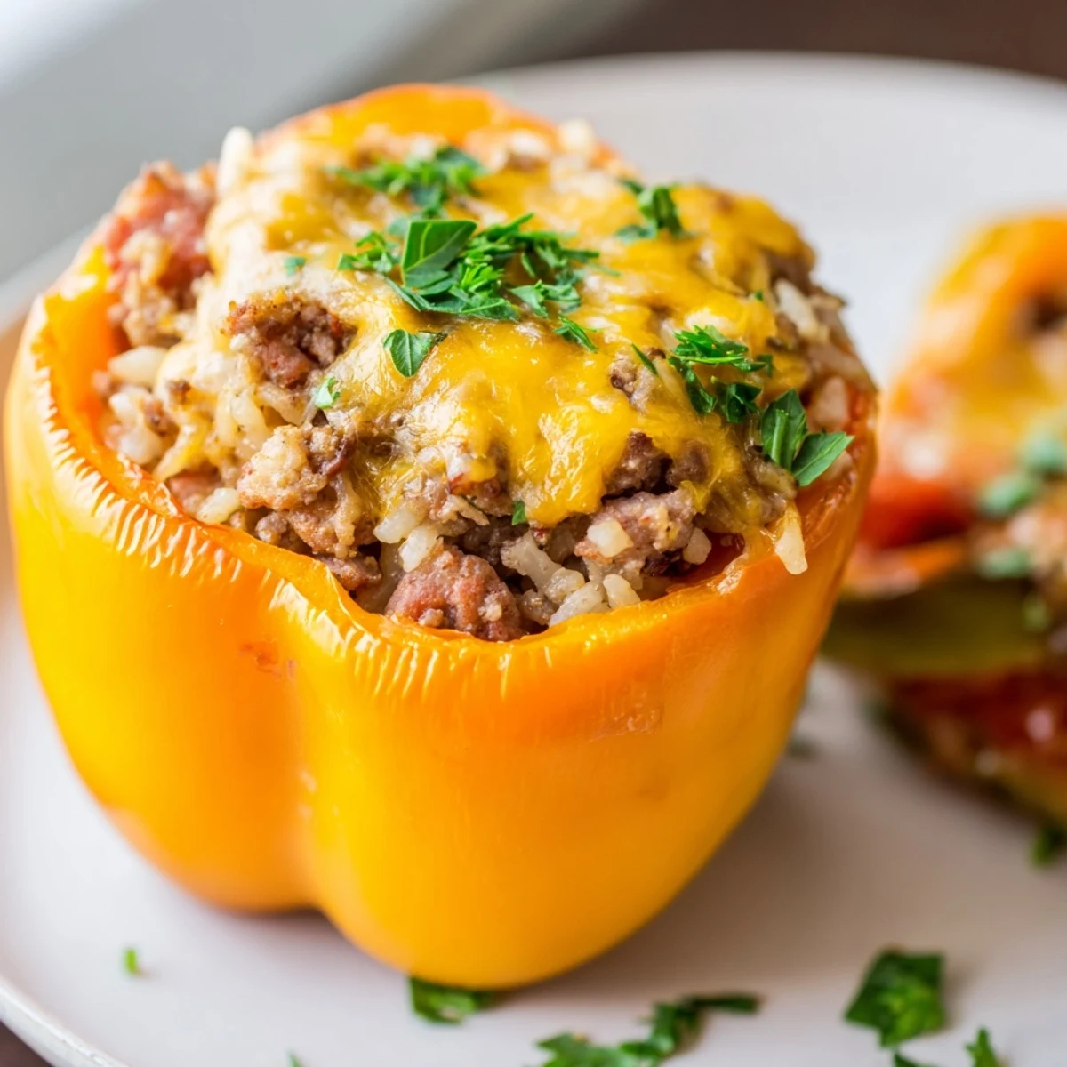 Golden melted cheese tops these savory kielbasa stuffed bell peppers filled with beef rice