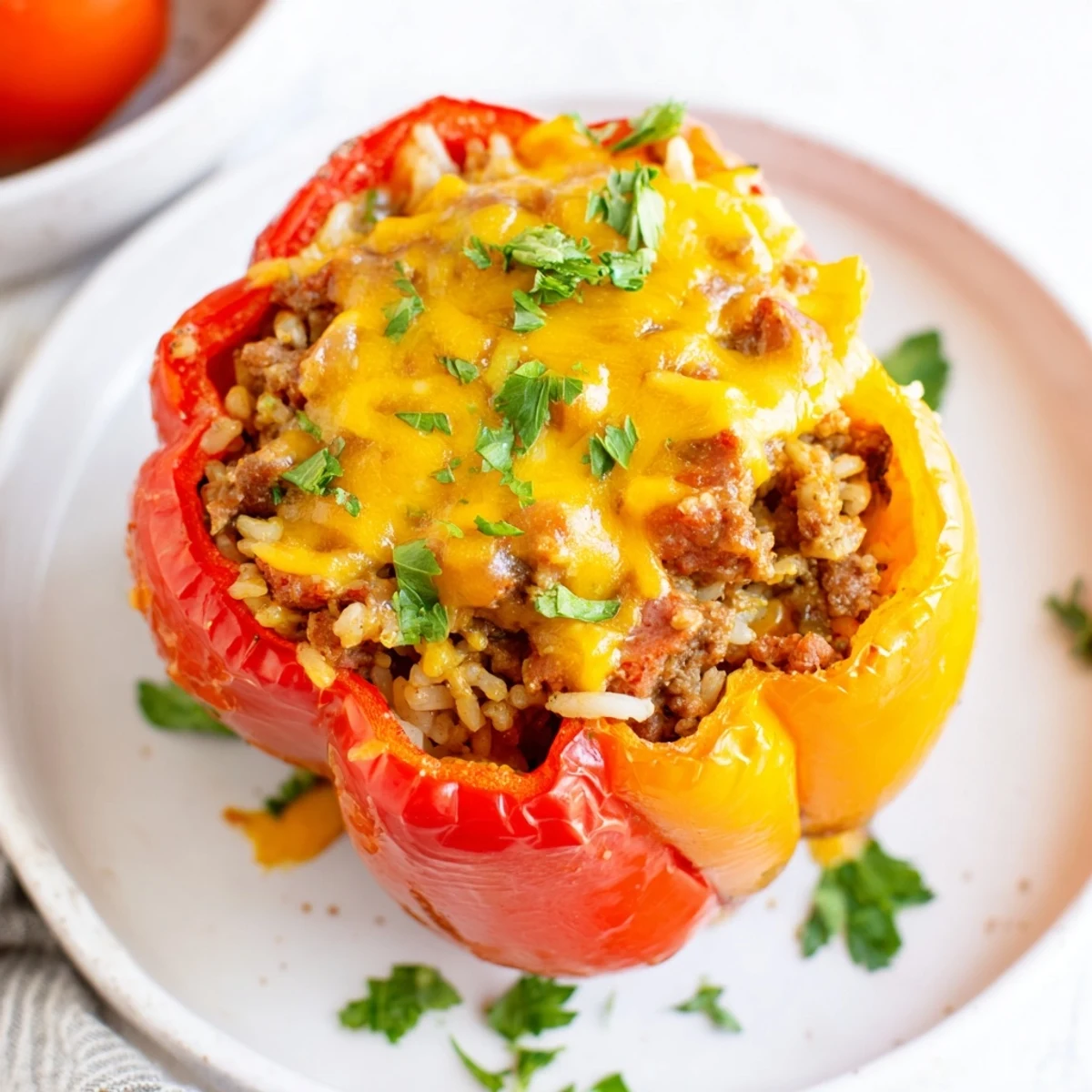Baked red bell peppers overflowing with cheesy ground beef kielbasa and rice mixture
