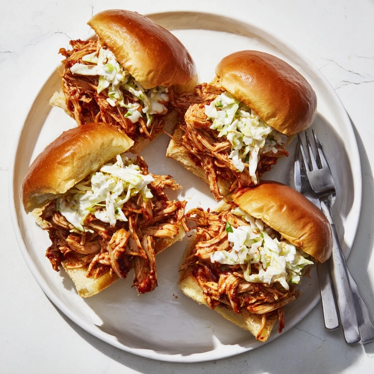 Homemade BBQ pulled chicken sandwich sliders featuring juicy meat and toasted Hawaiian buns
