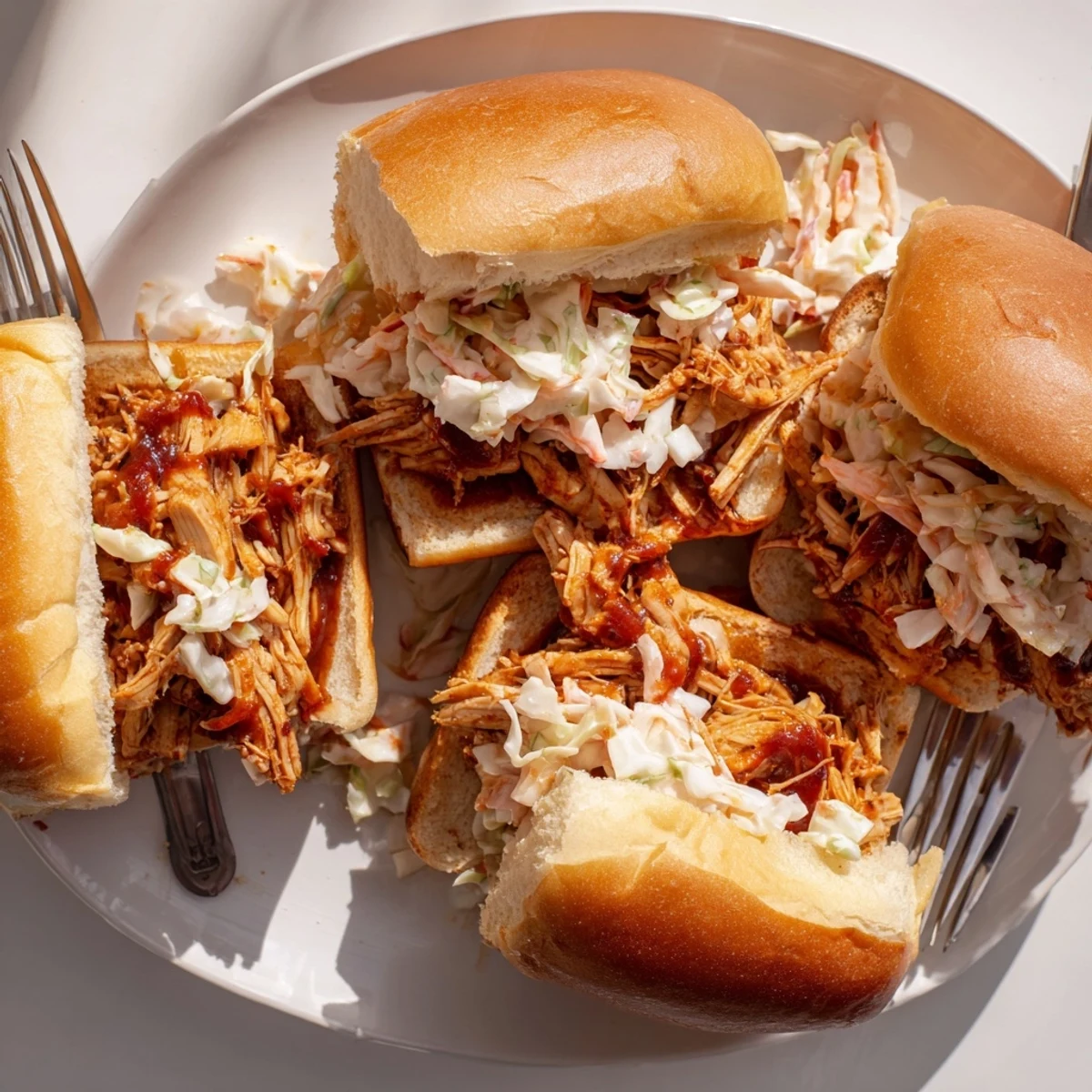 Tender smoky chicken piled high on pillowy Hawaiian sweet rolls for easy party appetizers