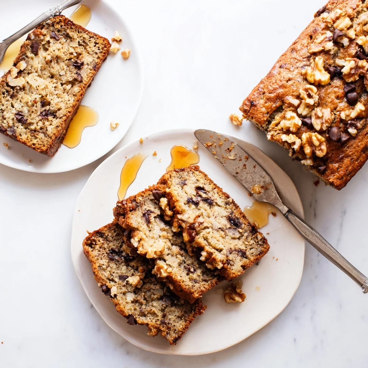 Golden protein banana bread oil free loaf sliced on wooden board with visible moist crumb