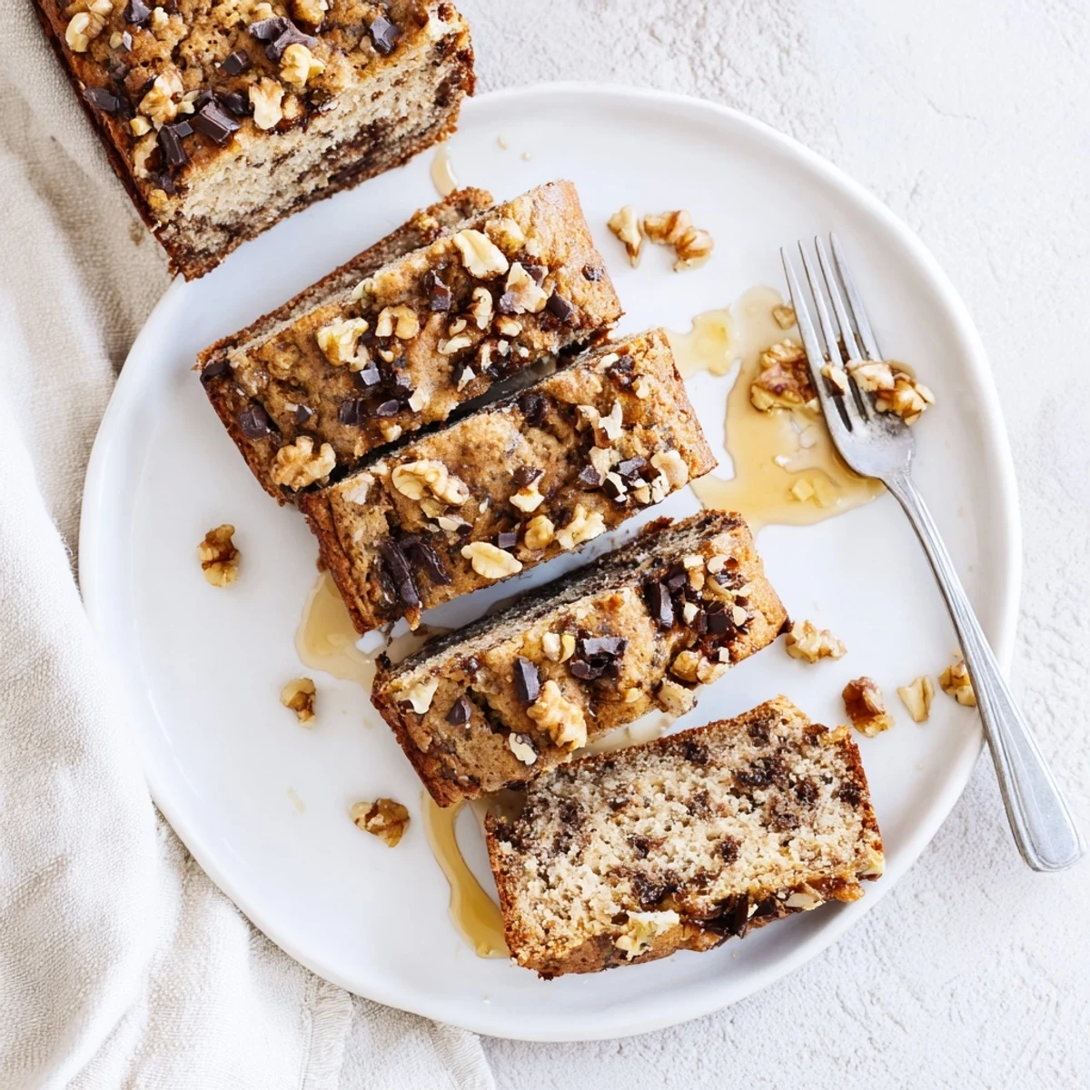 Thick slice of protein banana bread oil free topped with walnuts on white plate