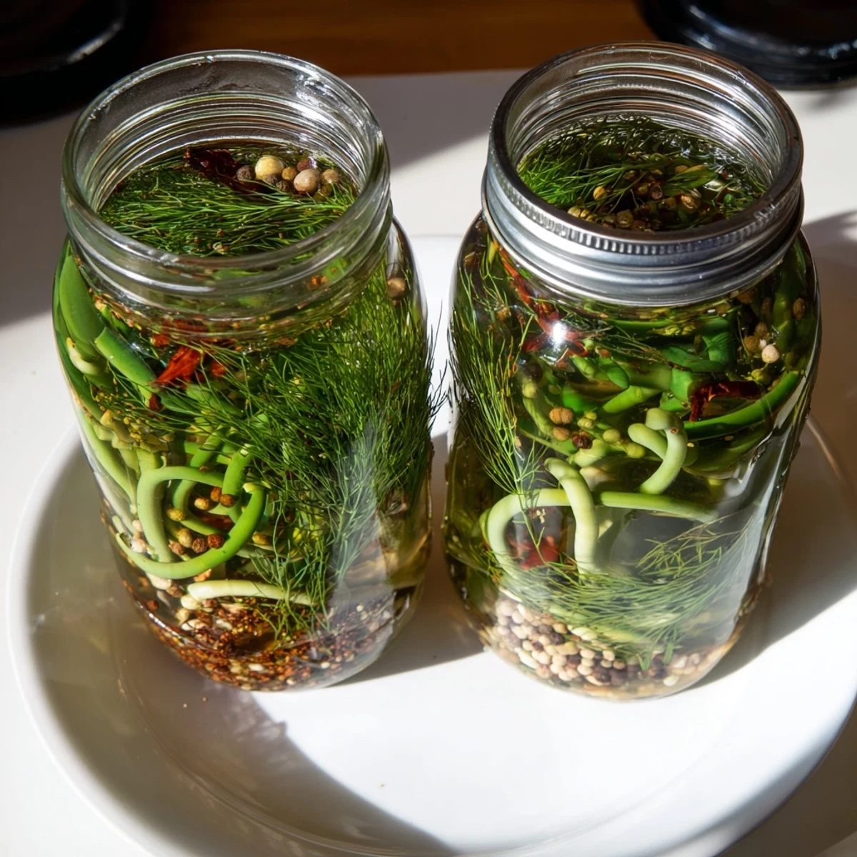 Mason jar filled with curly spicy pickled garlic scapes submerged in tangy vinegar brine with visible chili peppers and whole spices