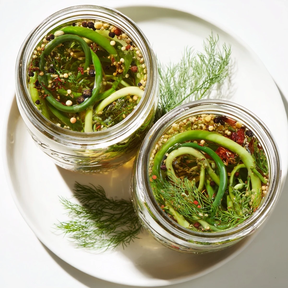 Golden green garlic scapes packed tightly in glass jars with aromatic spices, fresh dill, and red pepper flakes for heat