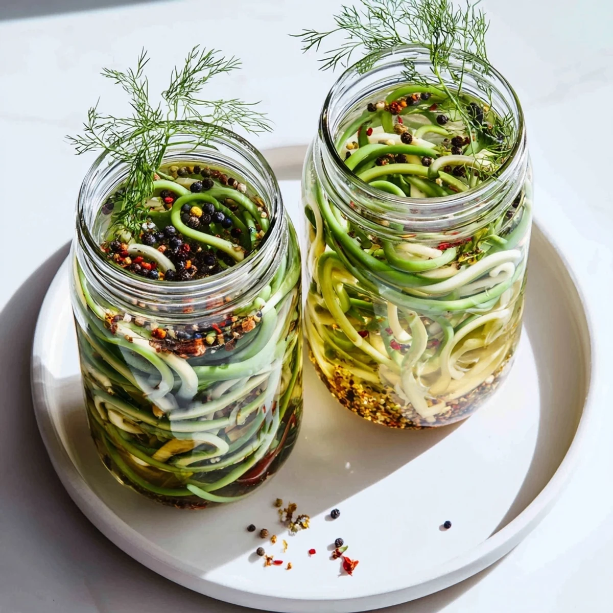Close up of crunchy pickled garlic scapes in clear brine featuring peppercorns, mustard seeds, and dried chilies ready for snacking