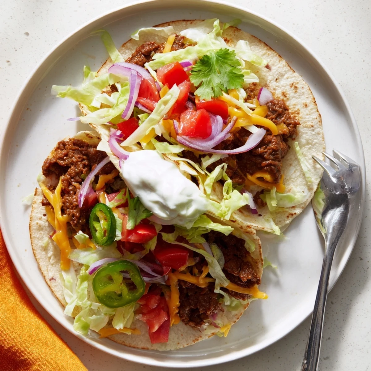 Golden brown crispy beef Blackstone smash tacos loaded with melted cheddar and fresh colorful toppings
