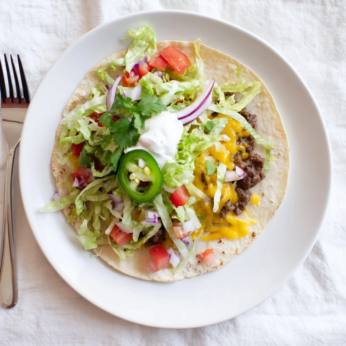 Sizzling smashed beef patties on crispy tortillas with bubbling cheese and vibrant taco garnishes
