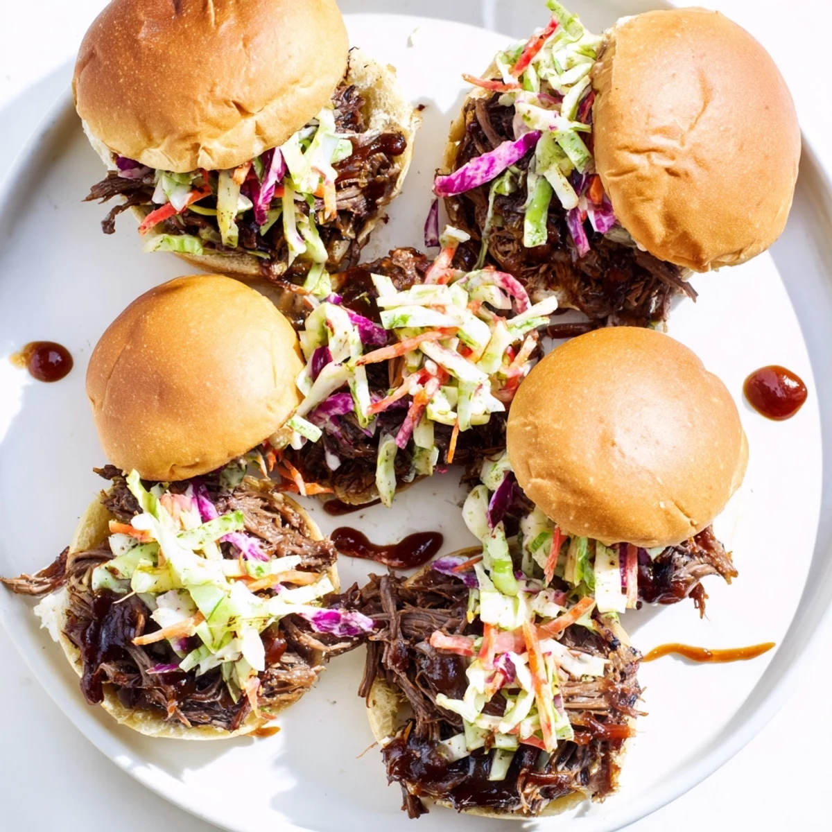 Homemade BBQ pulled beef sliders piled high on toasted brioche buns with crisp coleslaw