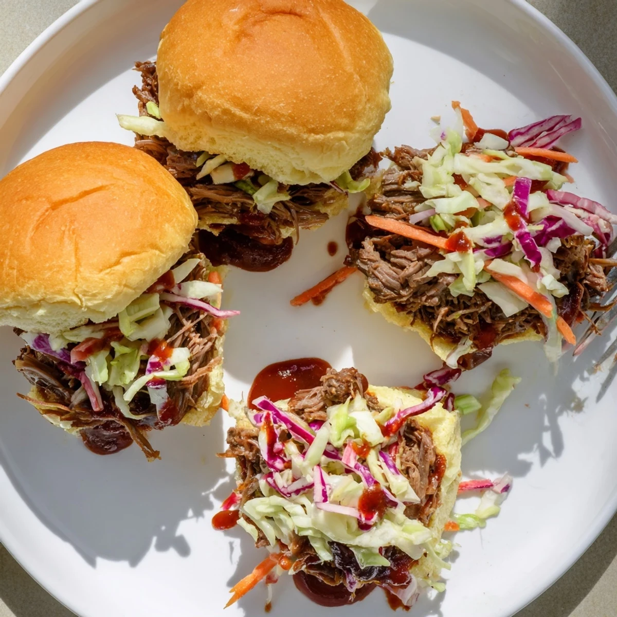 BBQ pulled beef sandwiches feature shredded beef and colorful slaw on soft buns