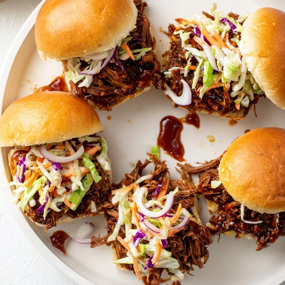 Tender smoky beef sliders served on golden brioche with crunchy cabbage coleslaw topping