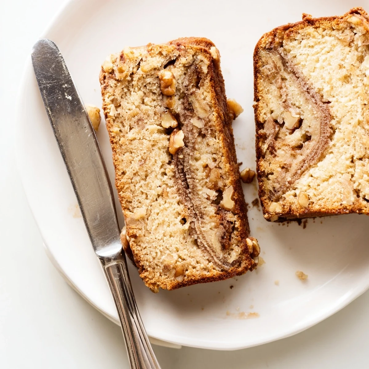 Freshly baked banana nut bread with visible cinnamon sugar swirl and toasted walnuts, ready to slice