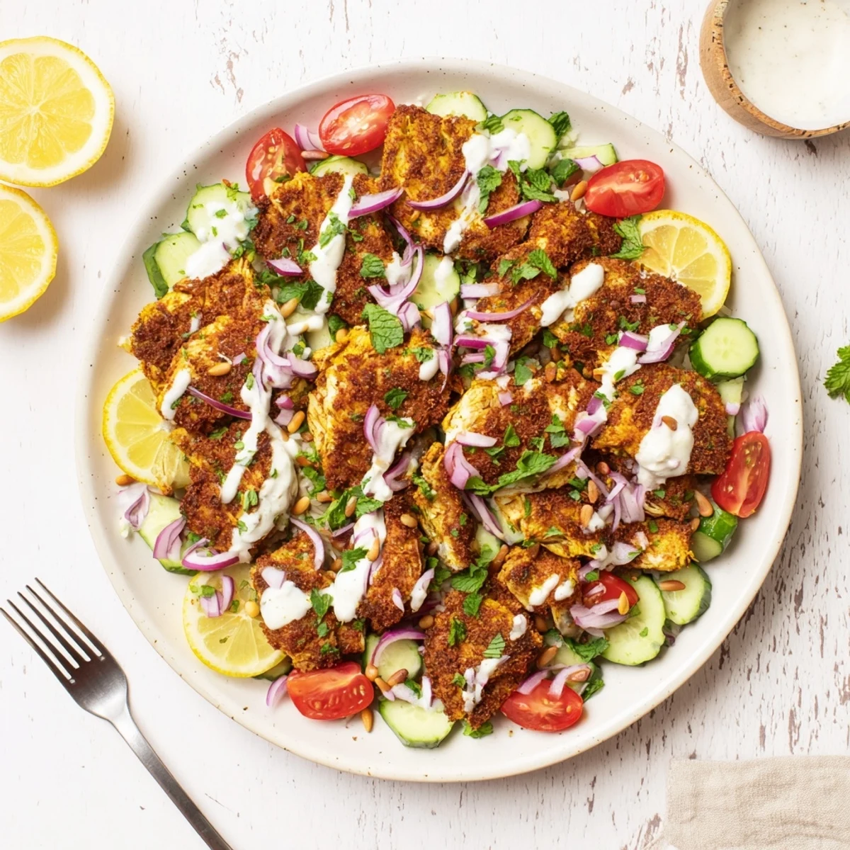 Vibrant salad bowl featuring spiced chicken slices over crispy golden rice and veggies