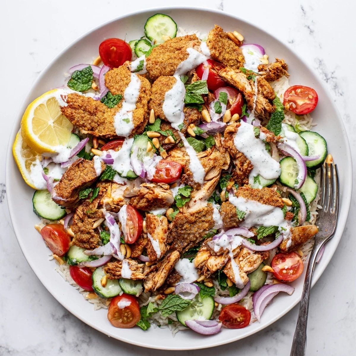 Golden chicken shawarma atop crispy rice with fresh vegetables in creamy dressing