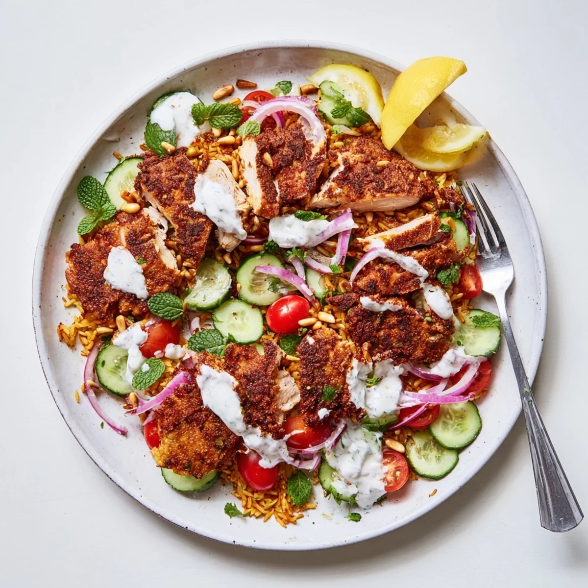 Middle Eastern fusion dish with marinated chicken, crunchy rice, and zesty yogurt dressing
