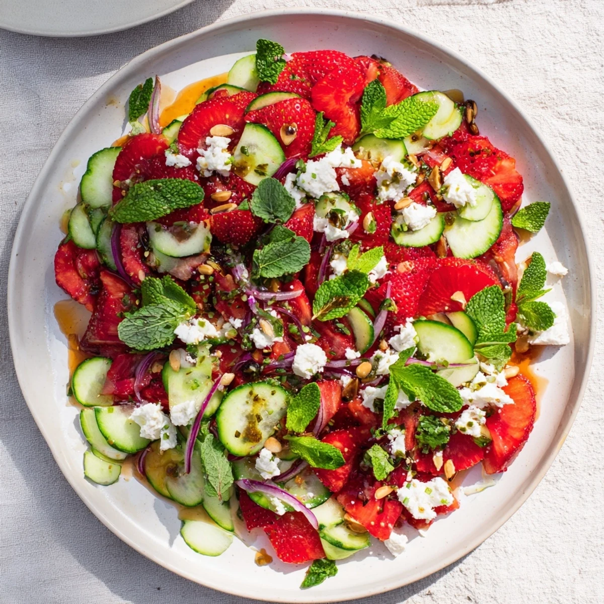 Fresh strawberry cucumber salad featuring juicy red berries and crisp sliced cucumbers drizzled with citrus honey dressing and topped with mint leaves