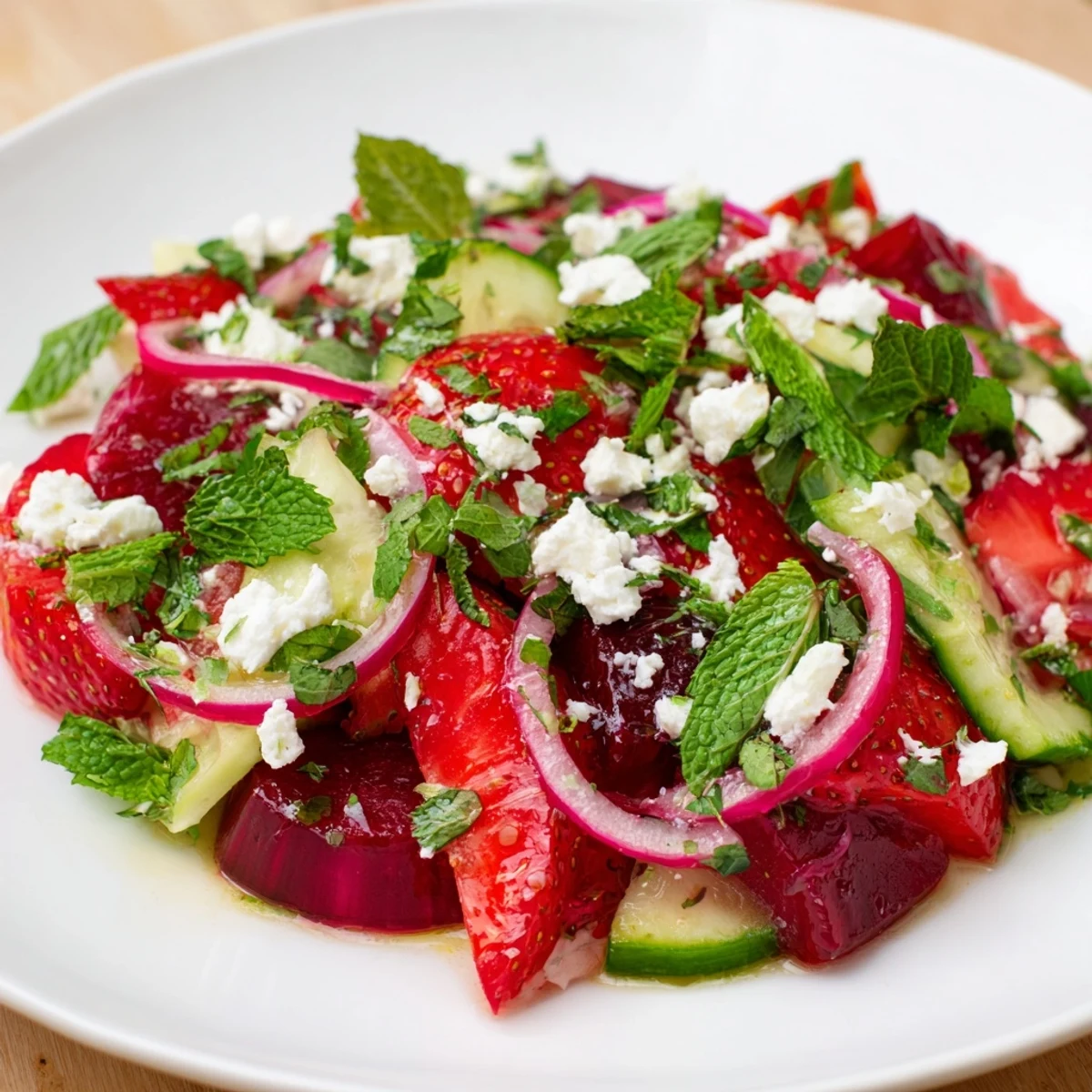 Vibrant bowl of strawberry cucumber salad arranged with colorful produce, light citrus vinaigrette, and optional crumbled feta cheese on a white serving dish