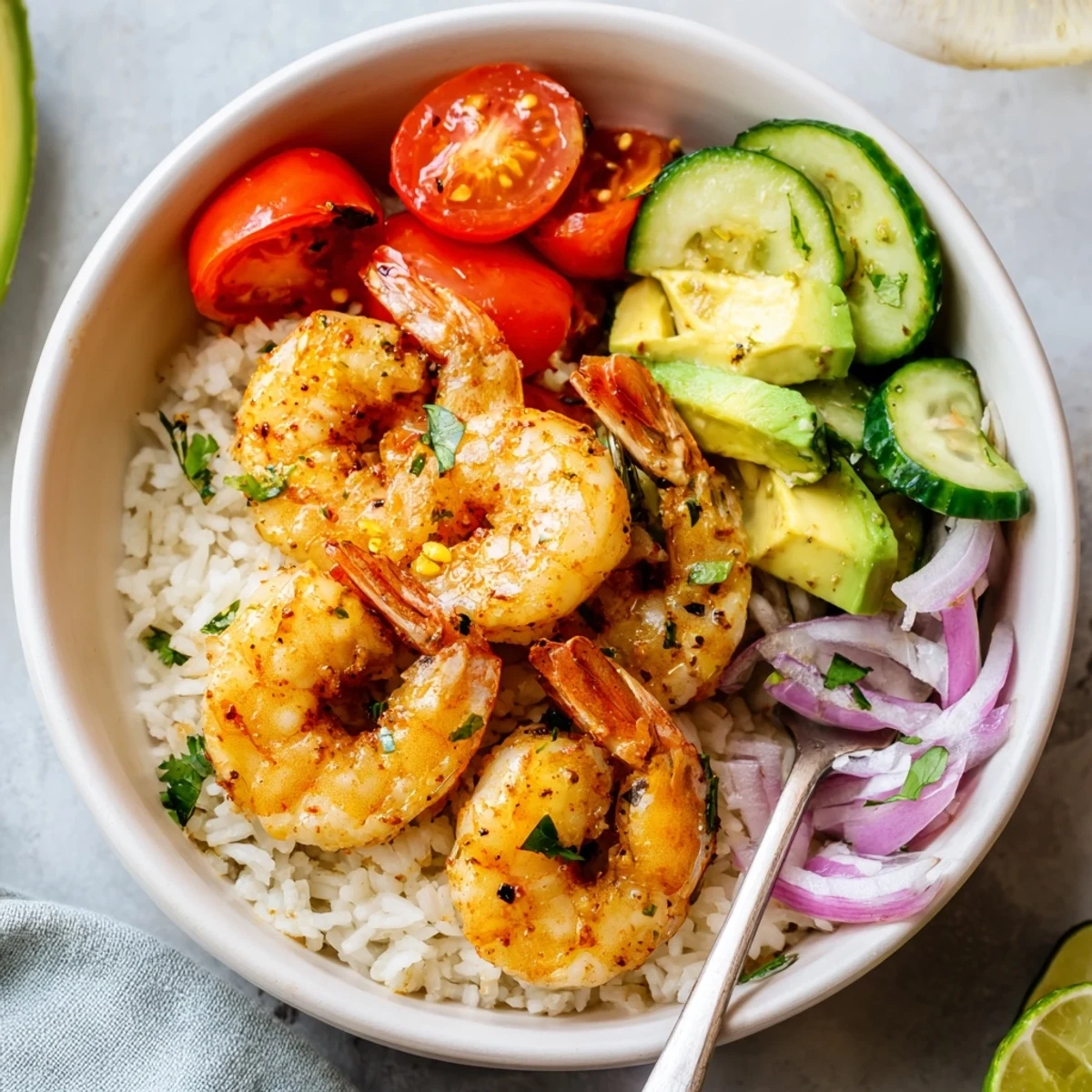 Garlic Shrimp Bowl Recipe Dinner: sautéed garlicky shrimp on steaming rice, lime wedge.