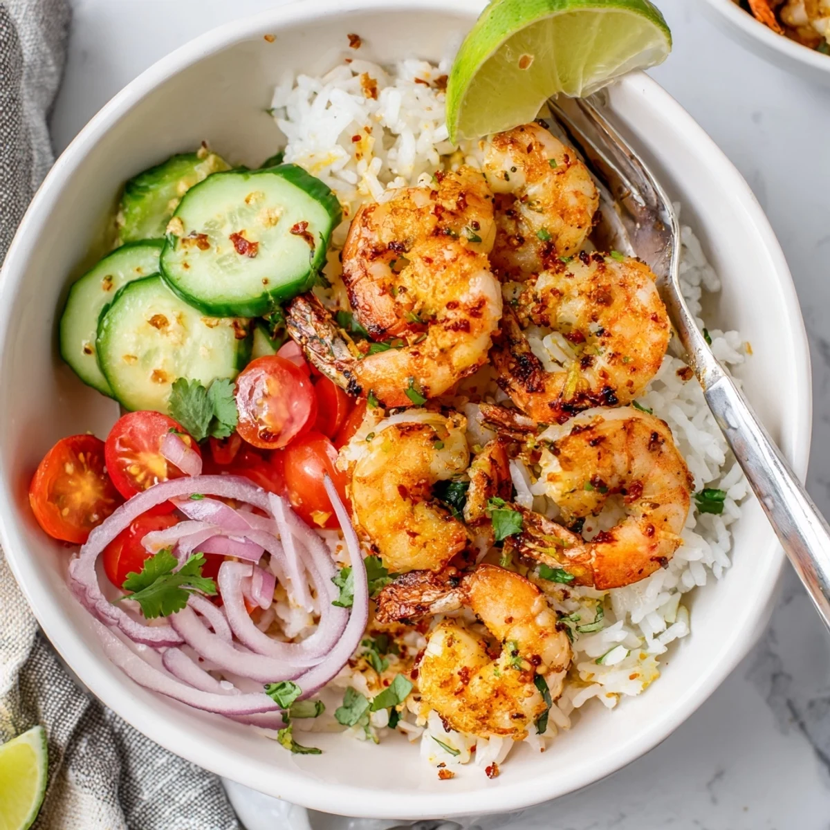 Quick weeknight Garlic Shrimp Bowl Recipe Dinner with creamy avocado and cherry tomatoes.