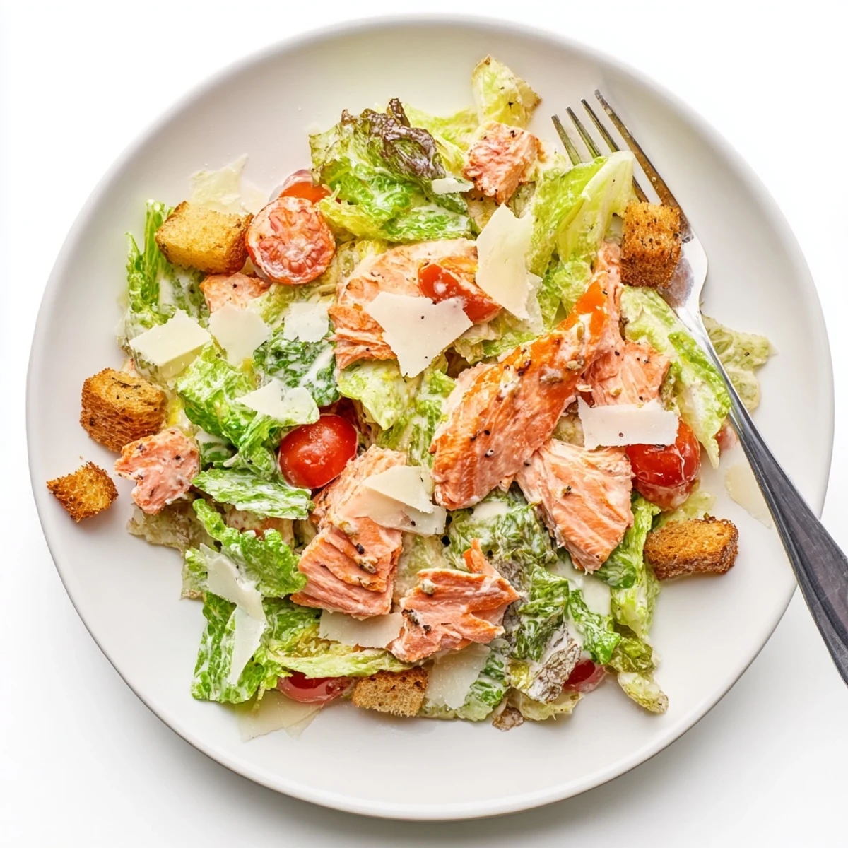 Bright citrus dressing drizzled over Smoky Salmon Caesar Salad Recipe plated for sharing