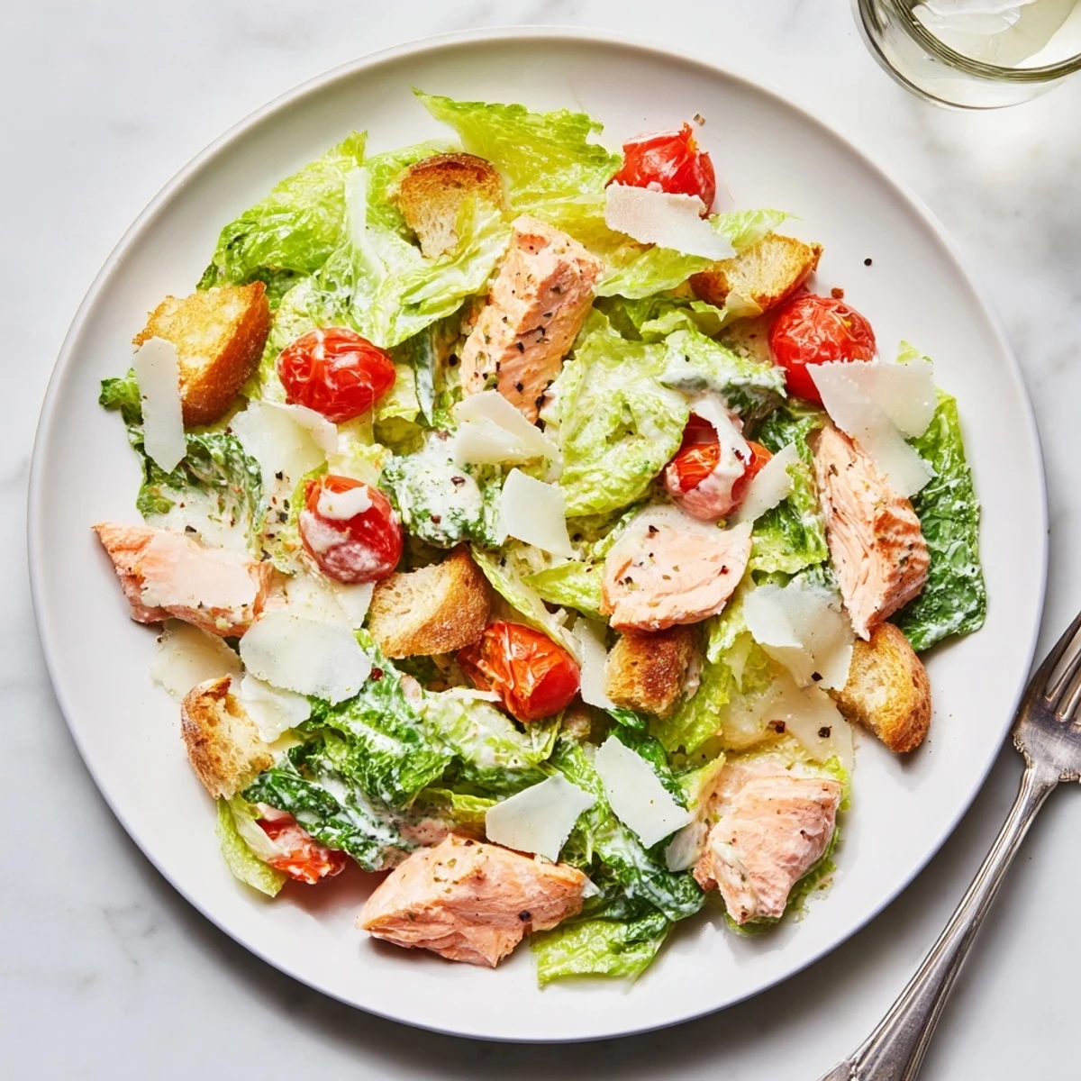 Smoky Salmon Caesar Salad Recipe with flaky roasted salmon, crisp romaine and croutons