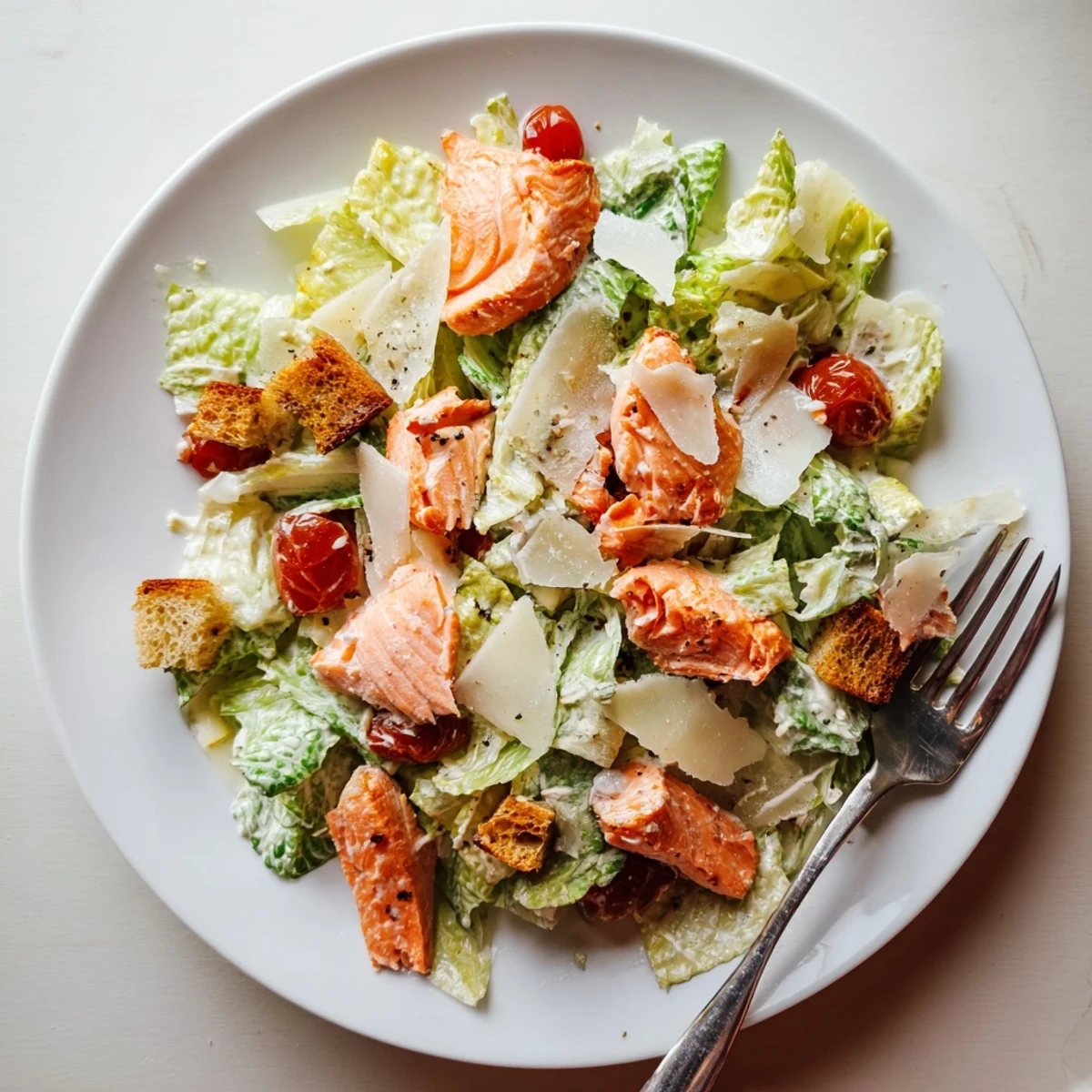 Weeknight dinner: Smoky Salmon Caesar Salad Recipe garnished with shaved Parmesan, lemon